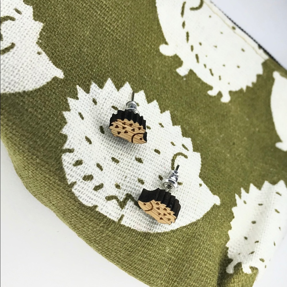 Wooden hedgehog earrings with canvas print change coin wallet purse set gift